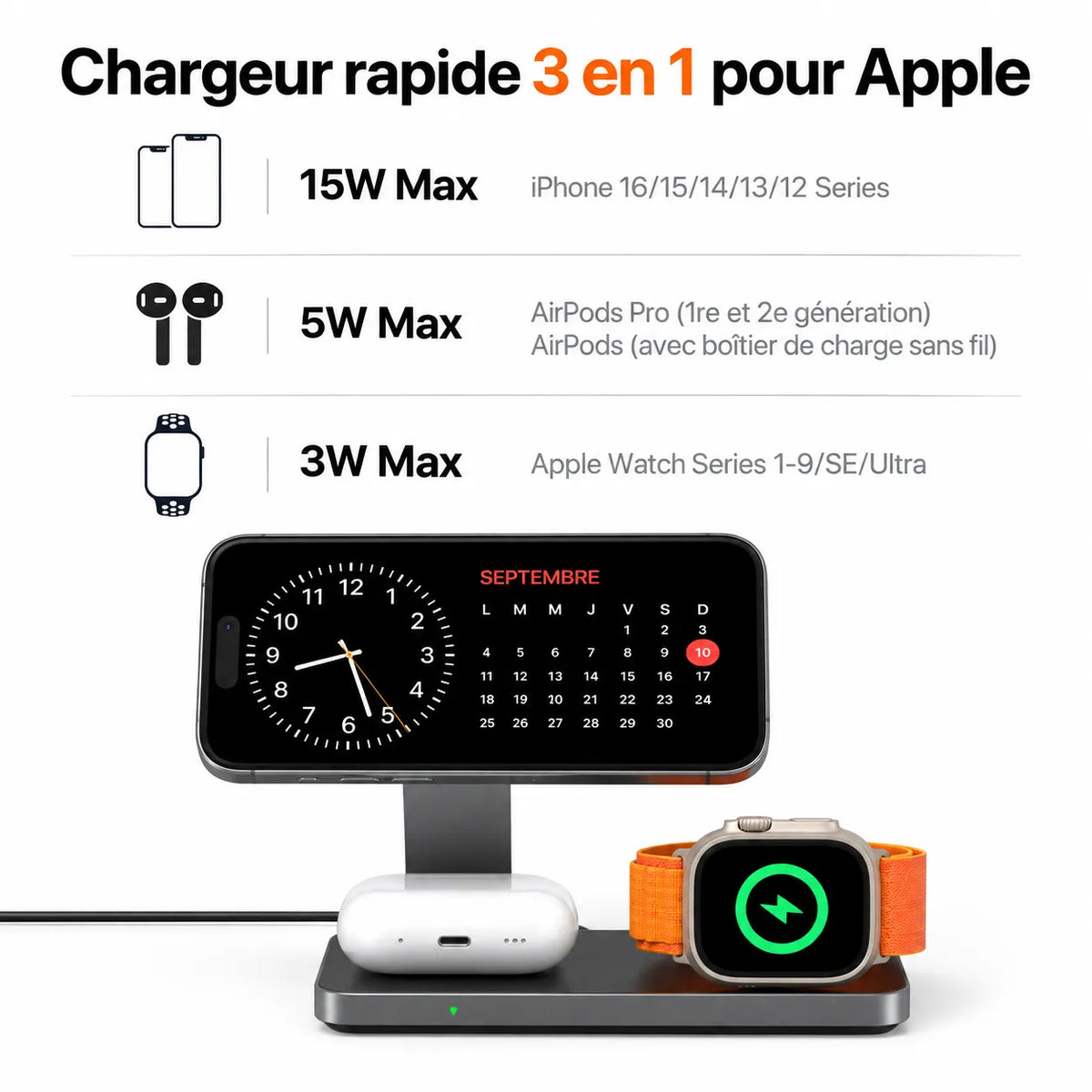Station de Charge Sans Fil 3-en-1